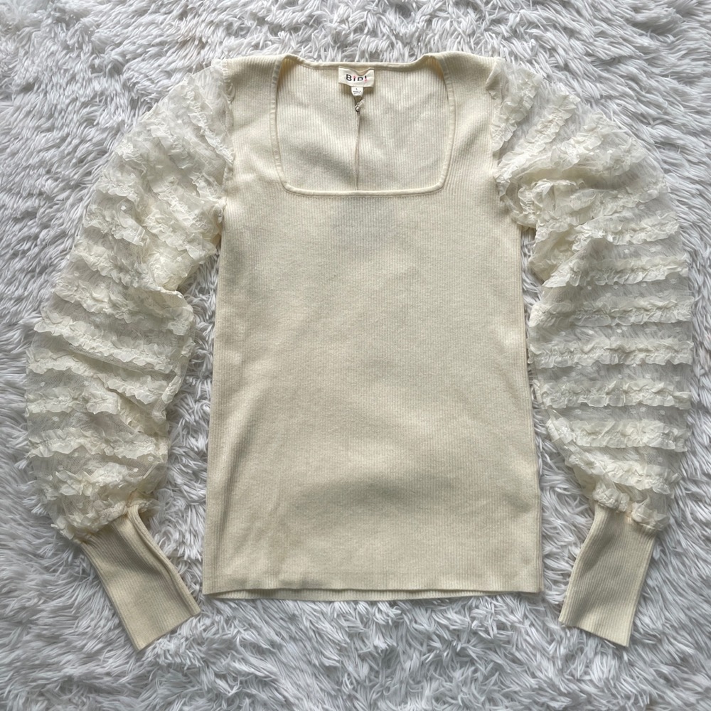 BiBi Ribbed Knit Square Neck Tiered Ruffle Lace Puff Sleeve Sweater